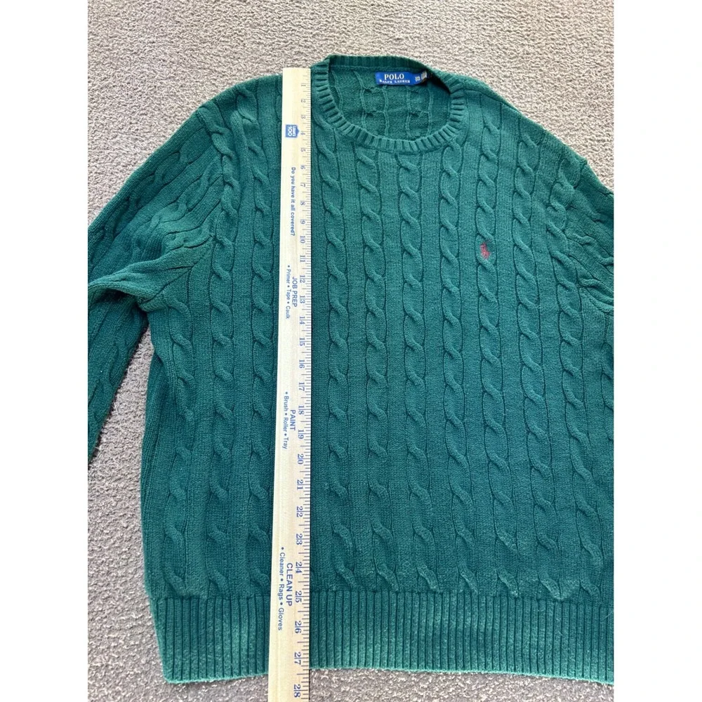 Polo Ralph Lauren Mens XXL Green Cable Knit Cotton Crew Neck Sweater Red Pony